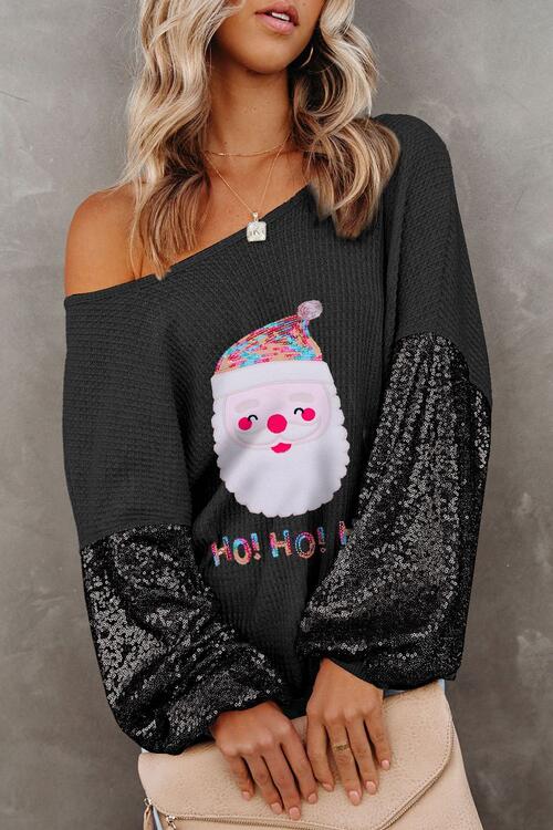 Waffle-Knit Santa Graphic Sequin Long Sleeve Blouse