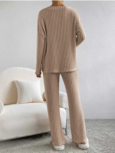 Ribbed V-Neck Long Sleeve Top and Pants Set