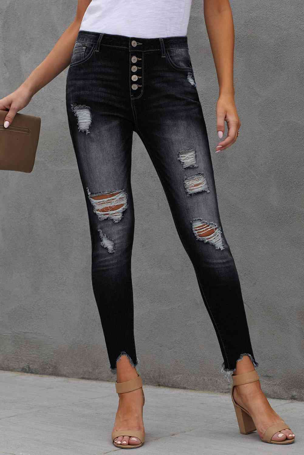 Baeful Button Fly Hem Detail Ankle-Length Skinny Jeans